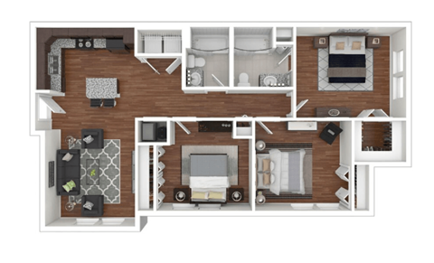 Floor plan for 3 beds, 2 baths, 1157 sqft
